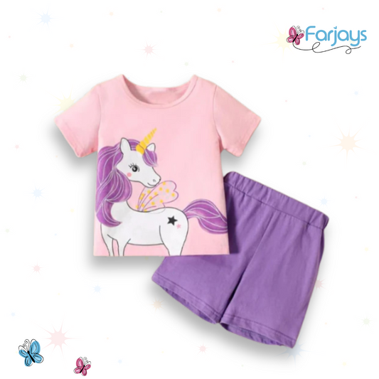 Pink Purple Unicorn Print Short-sleeve Tee & Shorts Set